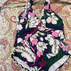 Kona Sol Floral Navy Swimsuit with Pink and Green Accents